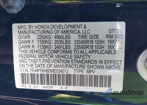 2021 Honda Cr-V Hybrid Ex-L from USA, damaged, VIN 7FART6H80ME034012